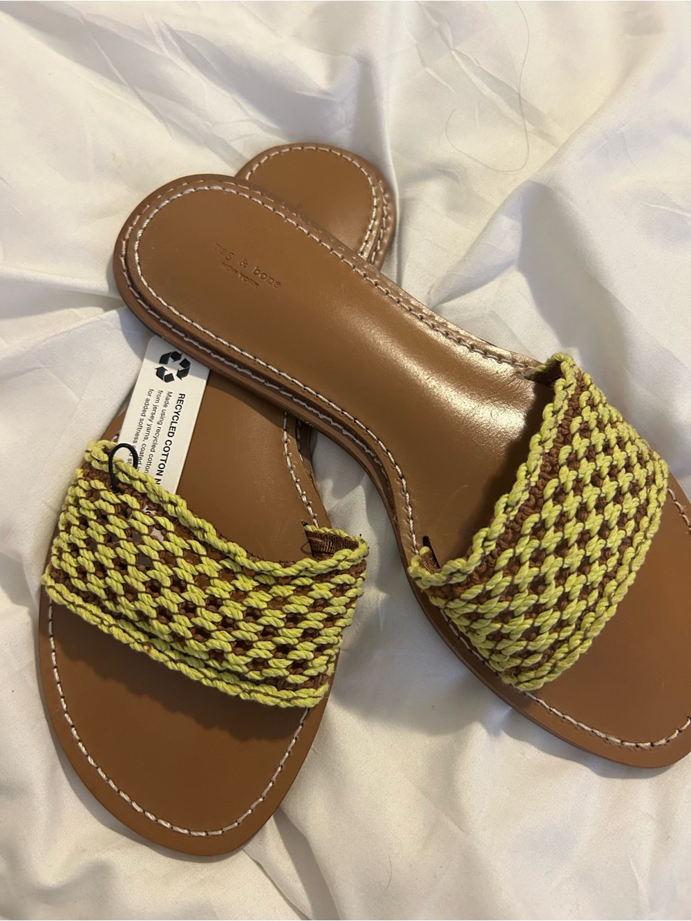 rag & bone Brown Leather Slide Sandals with Yellow-Brown Woven Strap
